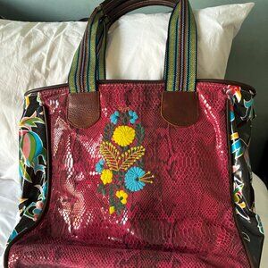 Large Consuela Red Snake Embroidered Tote Bag, Handcrafted, Multicolor Straps